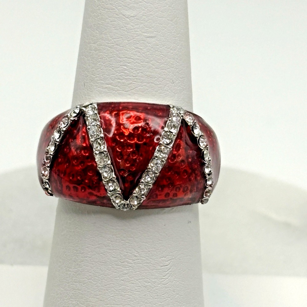 Rhodium Plated Cocktail Ring 6 Red Enamel Band Crystal Holiday Camille Lucie NEW